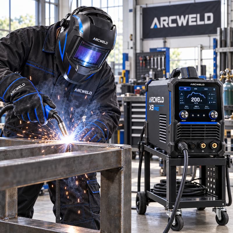 Saldatore al lavoro con l'Arcweld X9 Pro e Controllo Multisync attivo