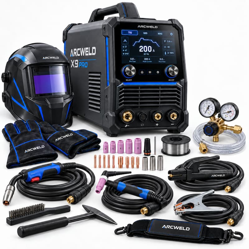 Arcweld X9 Pro — saldatrice inverter 5 in 1 da 250 A con display LCD, torcia MIG, portaelettrodo e morsetto di massa