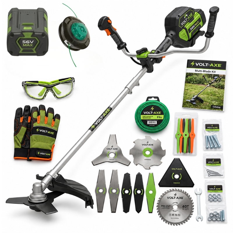 Kit Volt-Axe: motocoasă, 2 baterii DualVolt 56V, lame, disc, fir, ochelari și mănuși