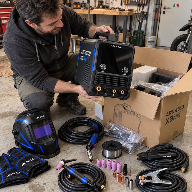 Nicola D'Amico apre la confezione Arcweld X9 Pro in officina